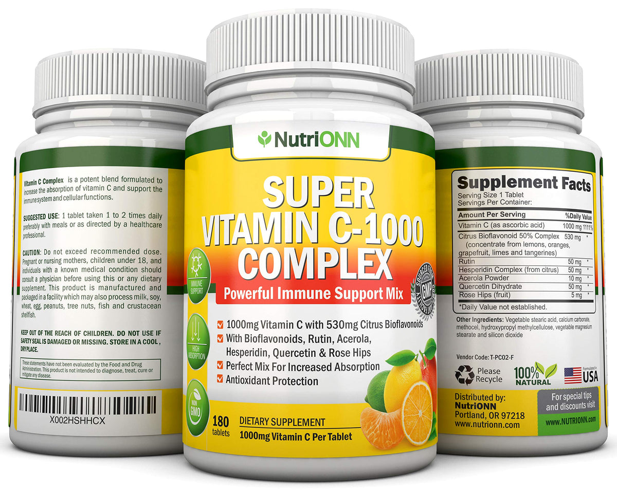 Flacon de 180 comprimés de Complexe de Vitamine C NutriONN ouvert
