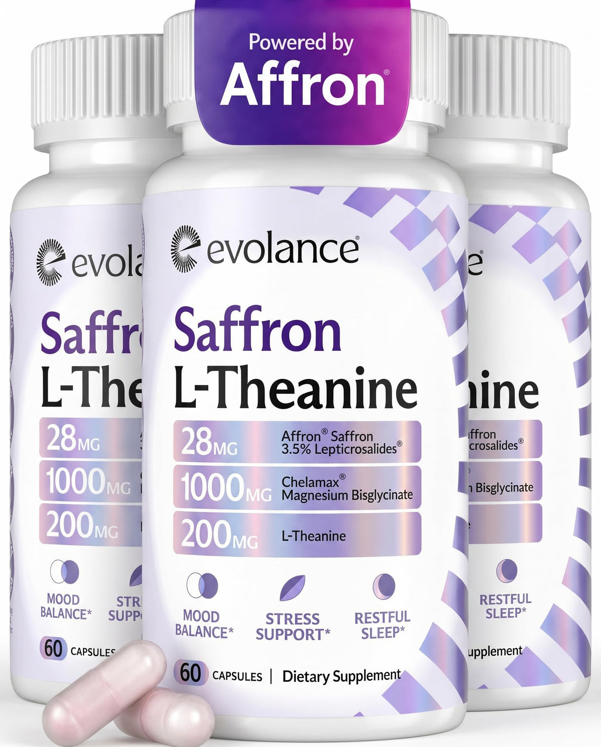 Flacon de 180 gélules de compléments alimentaires Evolance avec Safran, Magnésium et L-Théanine