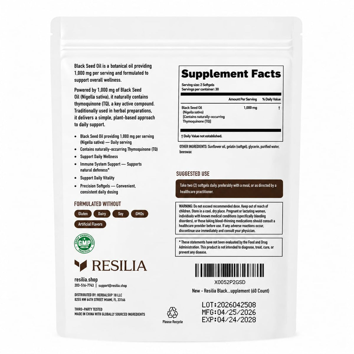 Flacon de 180 gélules de Resilia Huile de Pépin Noir