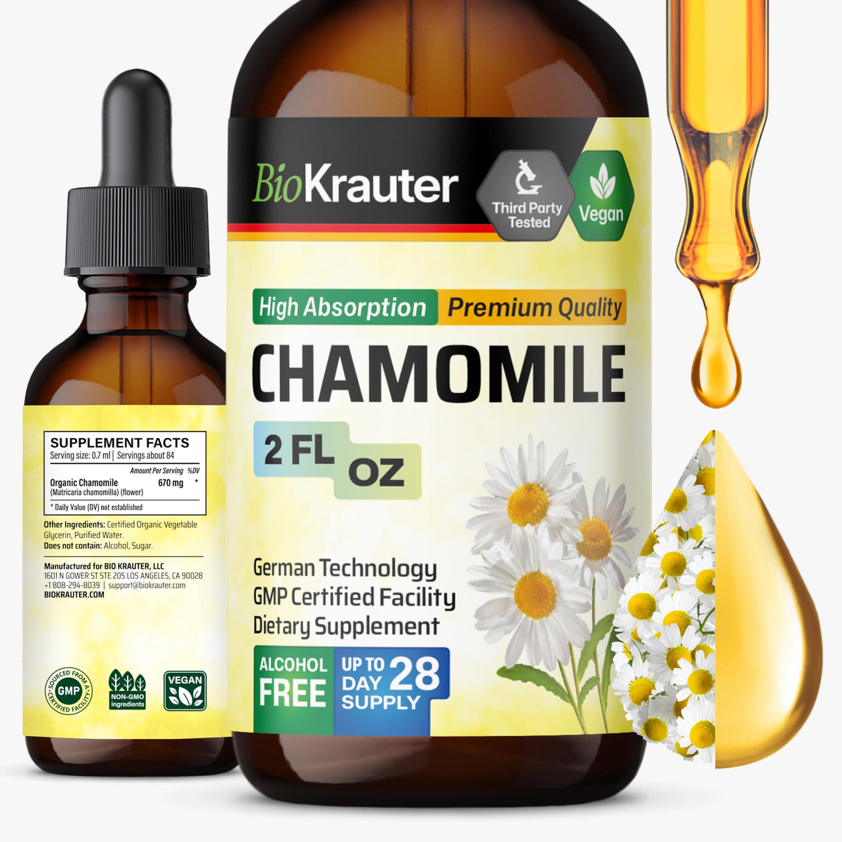 Flacon de 2 fl oz d'extrait de camomille BIO KRAUTER avec étiquette