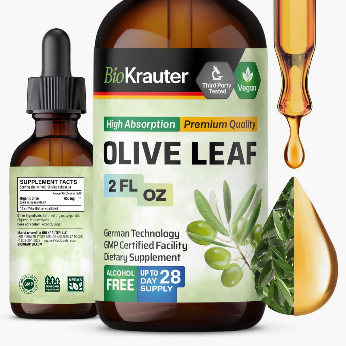 Flacon de 2 fl oz d'extrait de feuille d'olive BIO KRAUTER