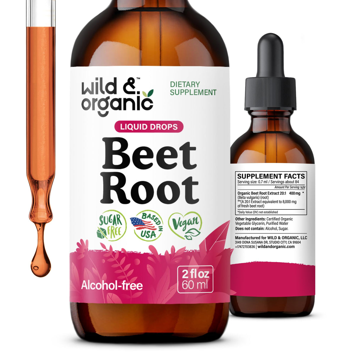Flacon de 2 fl oz de compléments alimentaires de betterave Wild & Organic