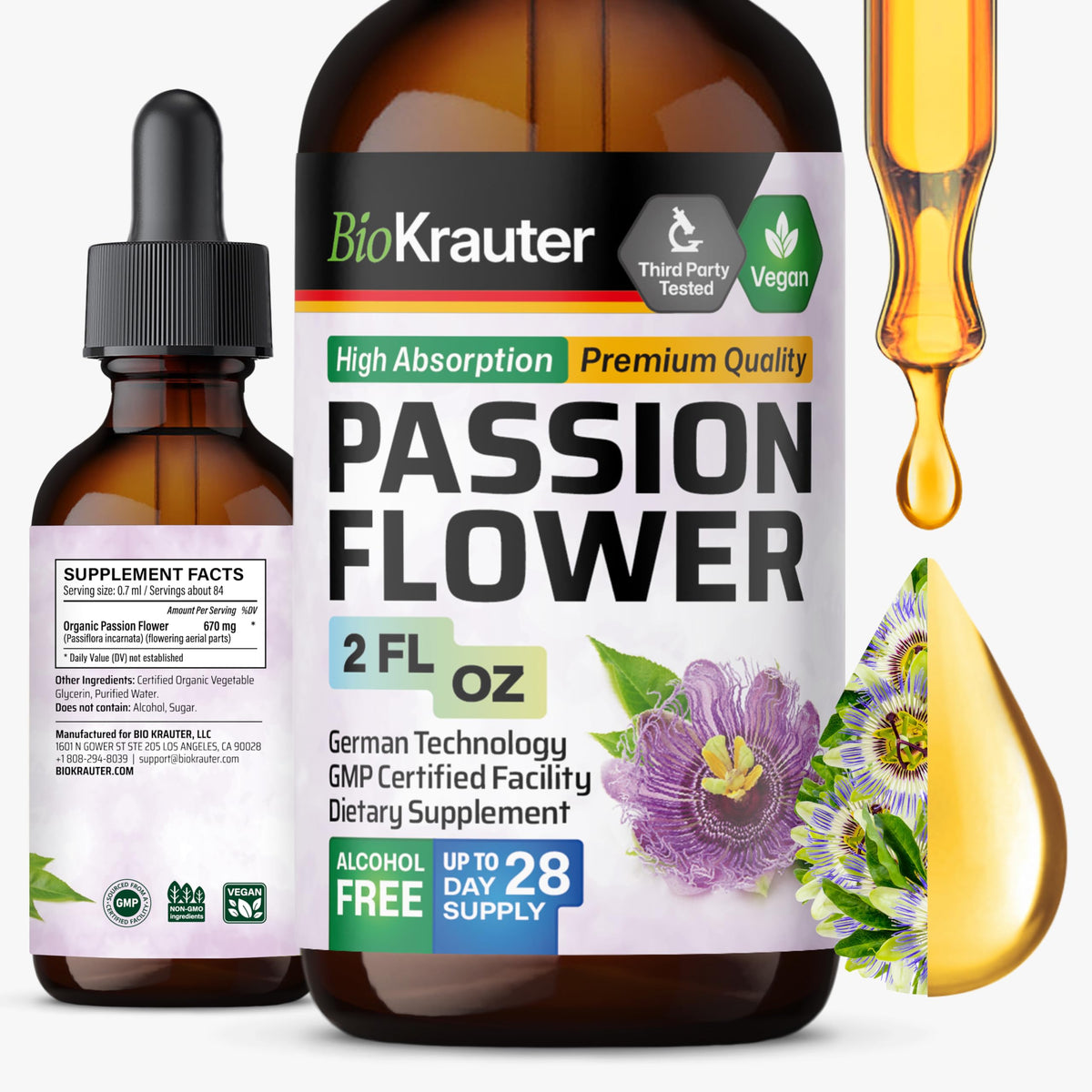 Flacon de 2 fl oz de teinture de passiflore BIO KRAUTER