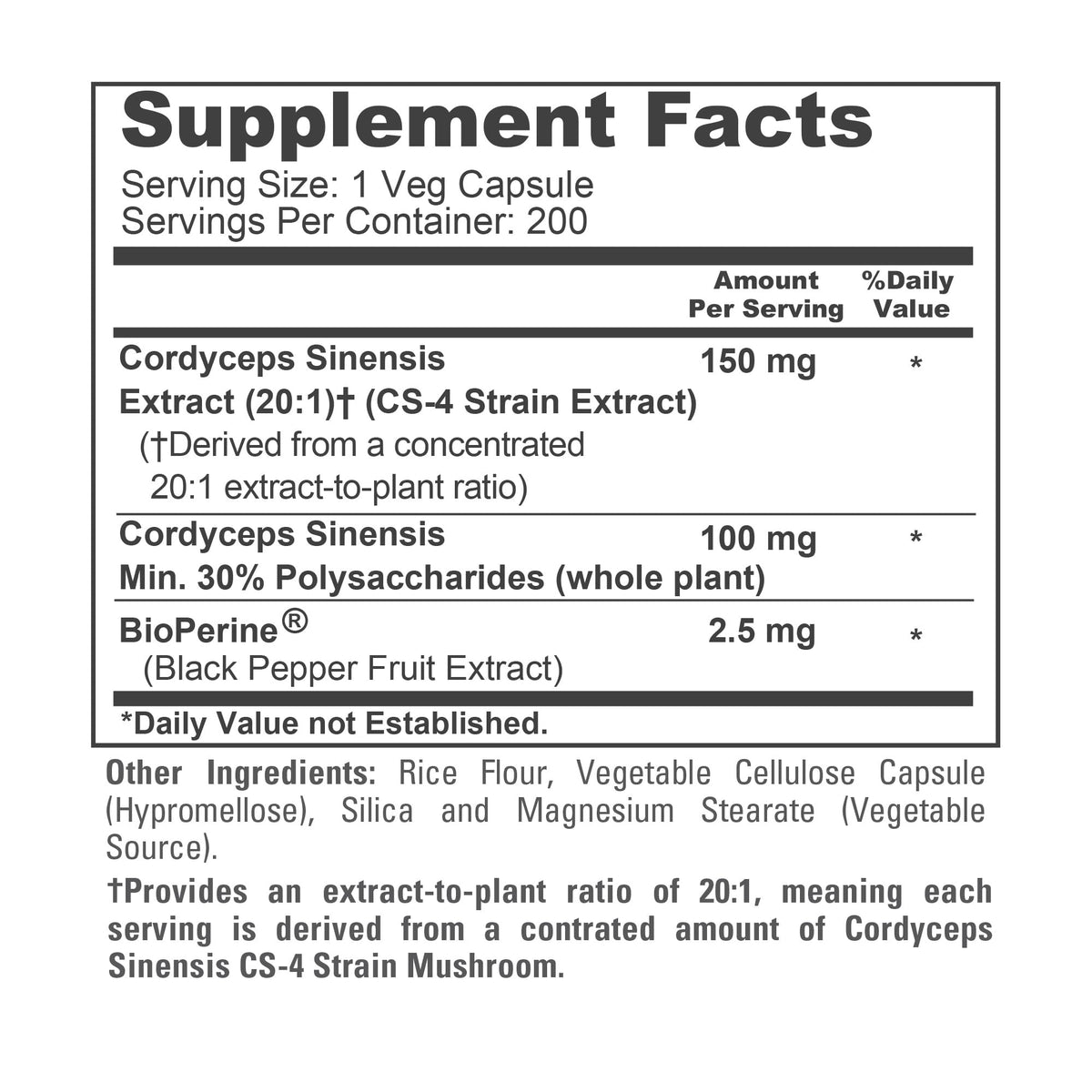 Flacon de 200 capsules NusaPure Cordyceps CS-4 sur fond blanc