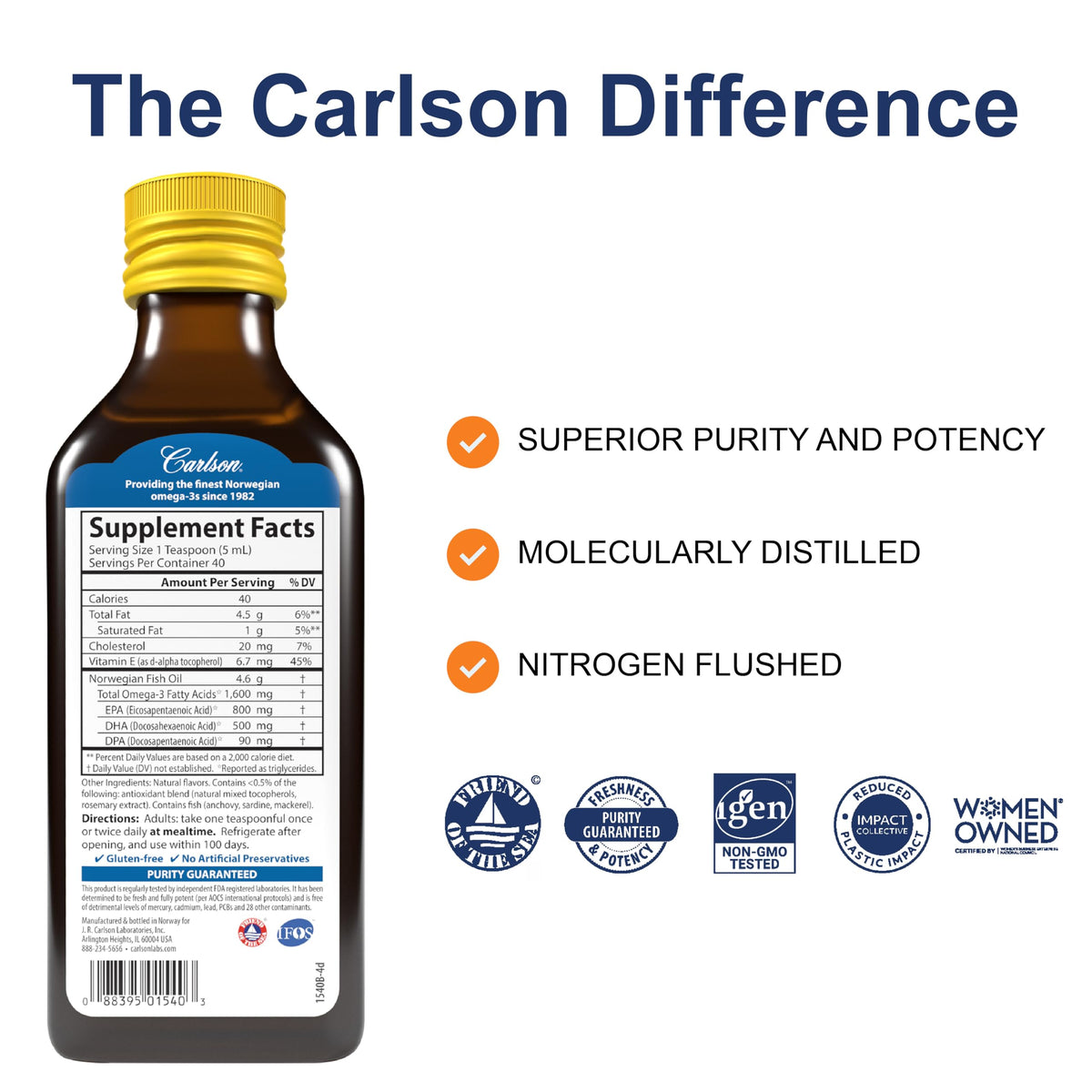 Flacon de 200 mL d'huile de poisson Carlson avec couvercle