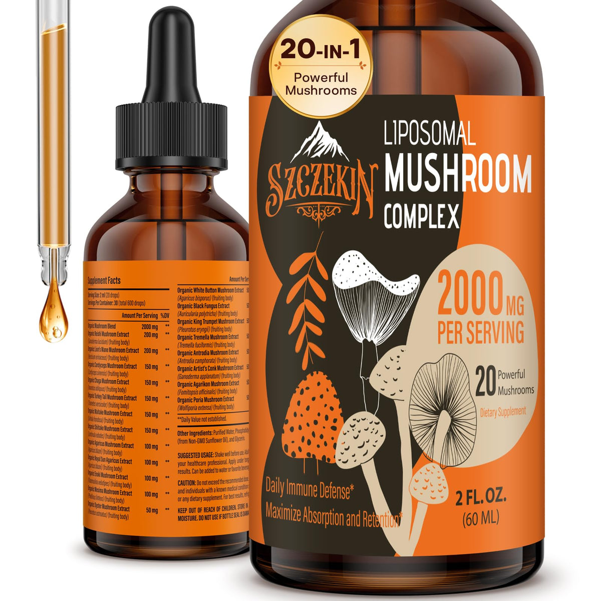 Flacon de 2000 mg de gouttes de champignons liposomaux SZCZEKIN