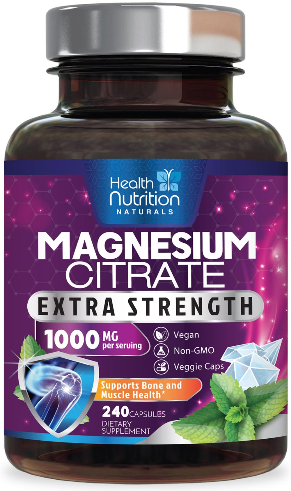 Flacon de 240 capsules de magnésium citrate 1000mg Health Nutrition Naturals