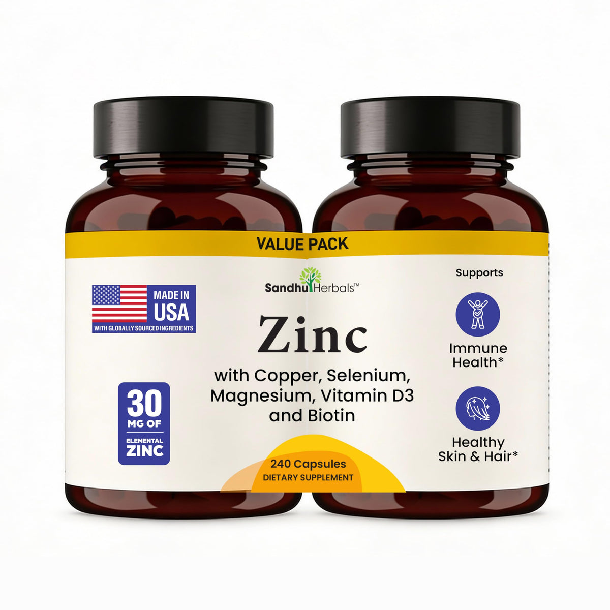 Flacon de 240 capsules SANDHUHERBALS Zinc 30mg