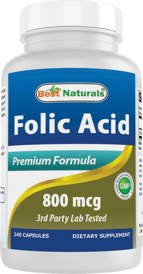 Flacon de 240 gélules d'acide folique Best Naturals vue de face