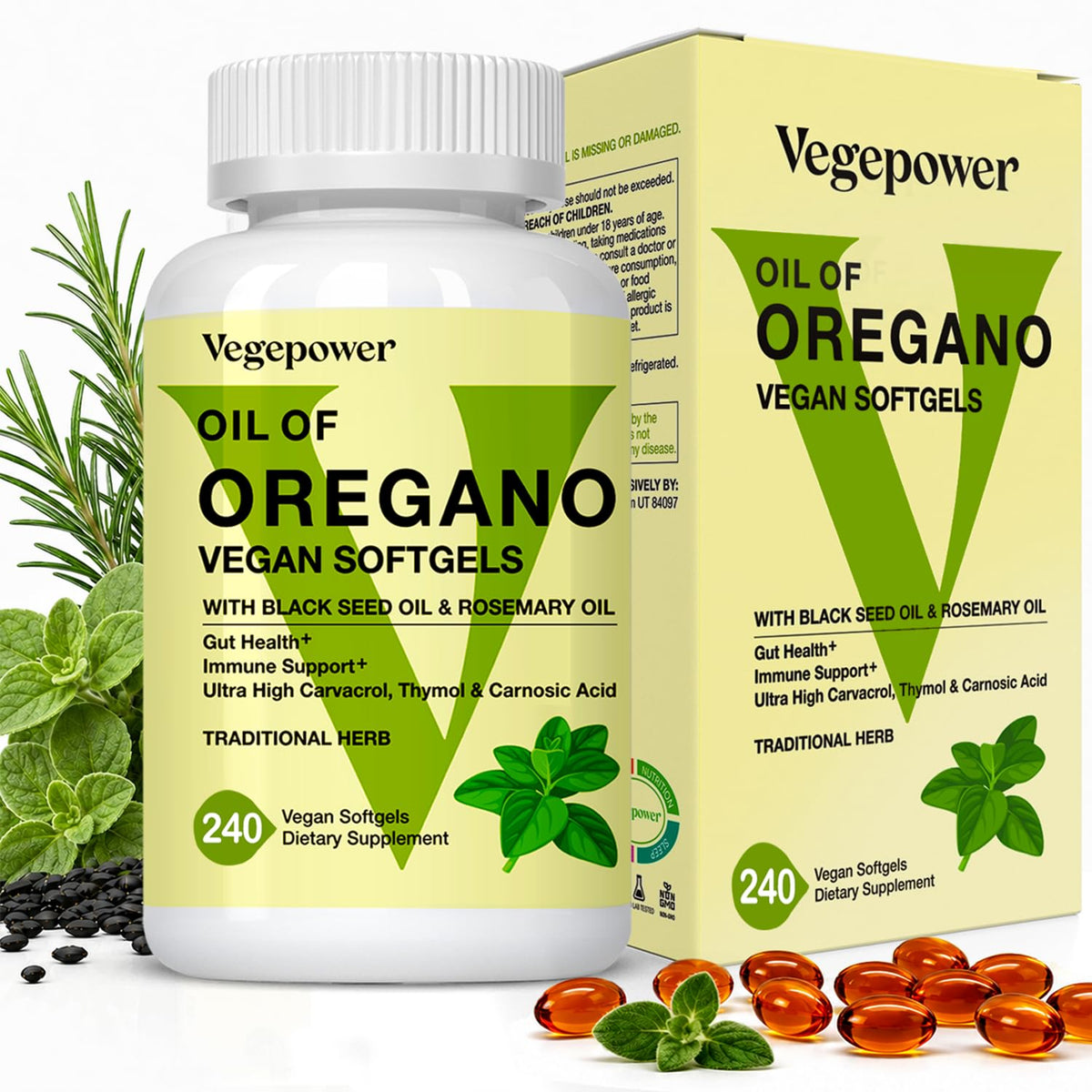 Flacon de 240 gélules d'huile d'origan VEGEPOWER vue de face