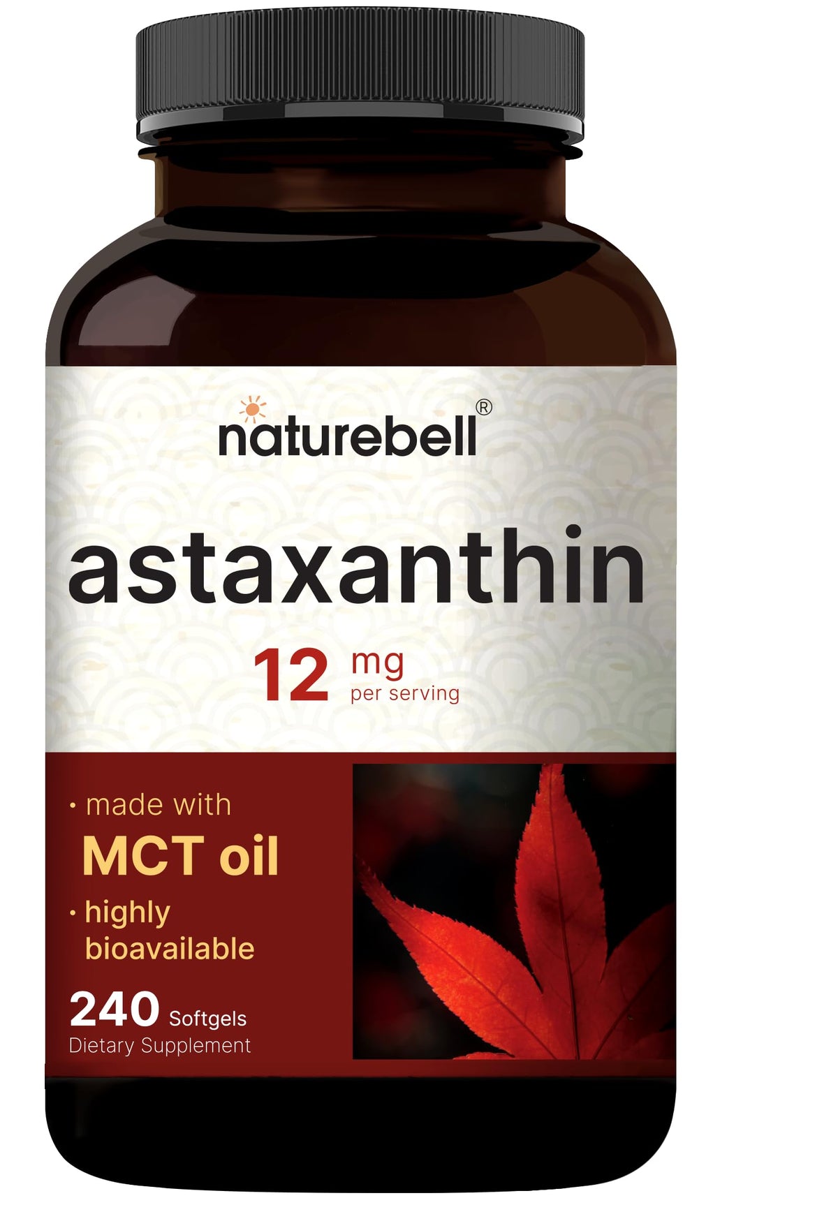 Flacon de 240 gélules molles d'astaxanthine 12mg, vue de face