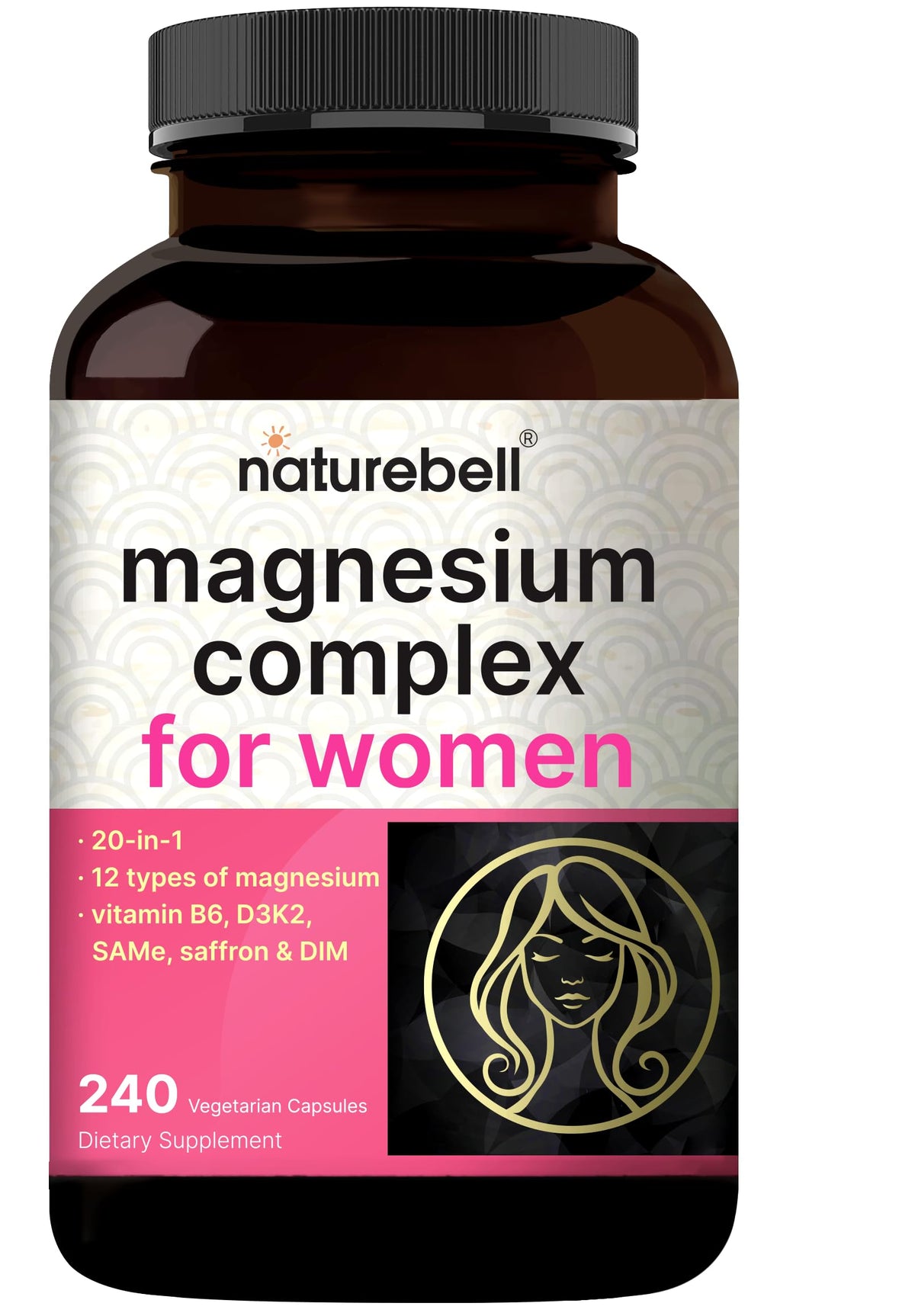 Flacon de 240 gélules végétariennes Complexe de Magnésium NatureBell pour Femmes
