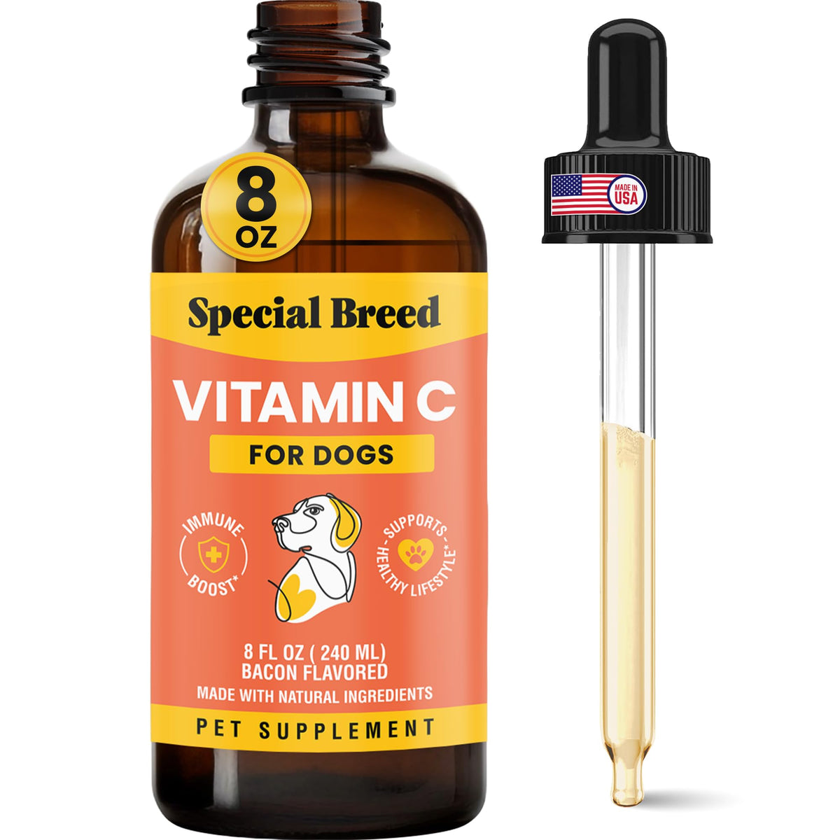 Flacon de 240 ml de complément alimentaire liquide à la vitamine C pour chiens, goût bacon