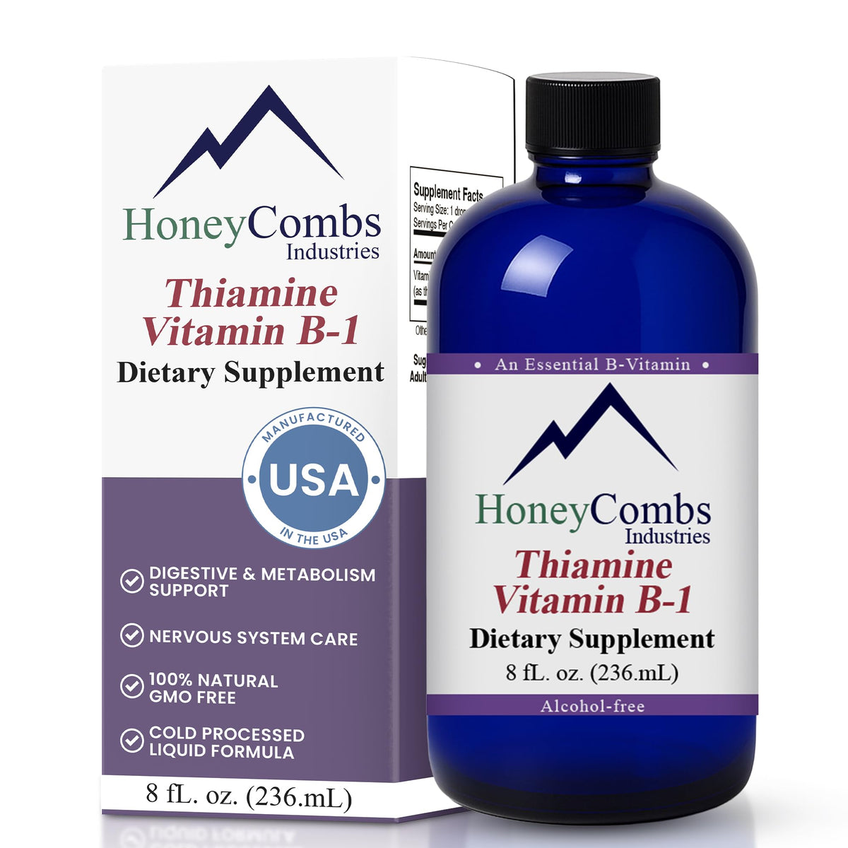 Flacon de 240 ml de vitamine B1 liquide HoneyCombs vue avant