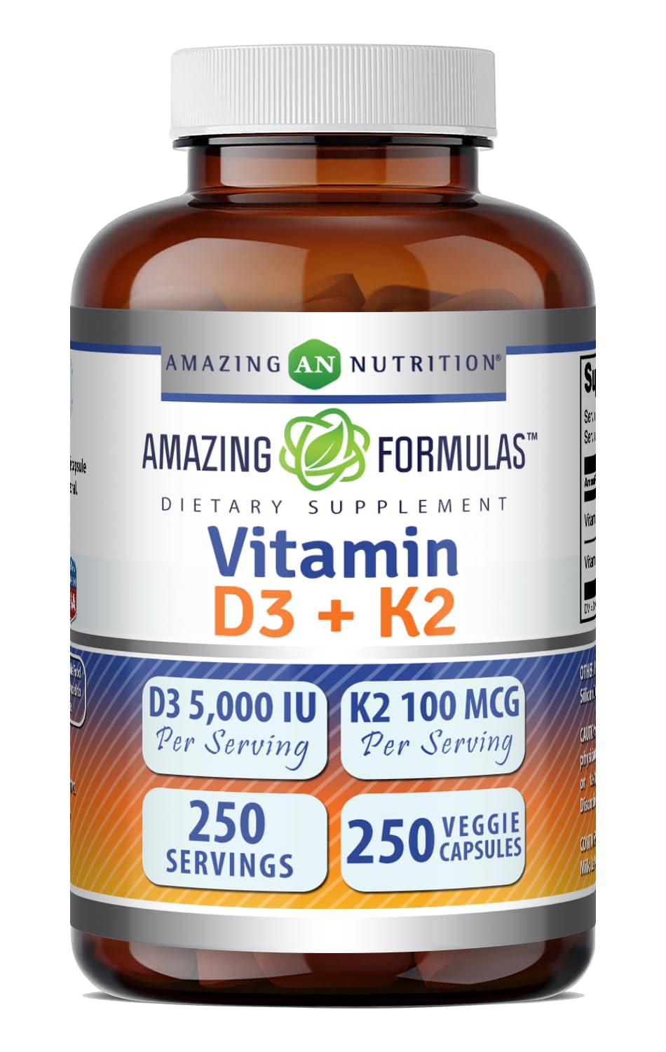Flacon de 250 capsules végétales de vitamine D3 5000 IU avec K2 100 Mcg
