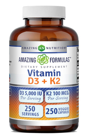 Flacon de 250 capsules végétales de vitamine D3 5000 IU avec K2 100 Mcg