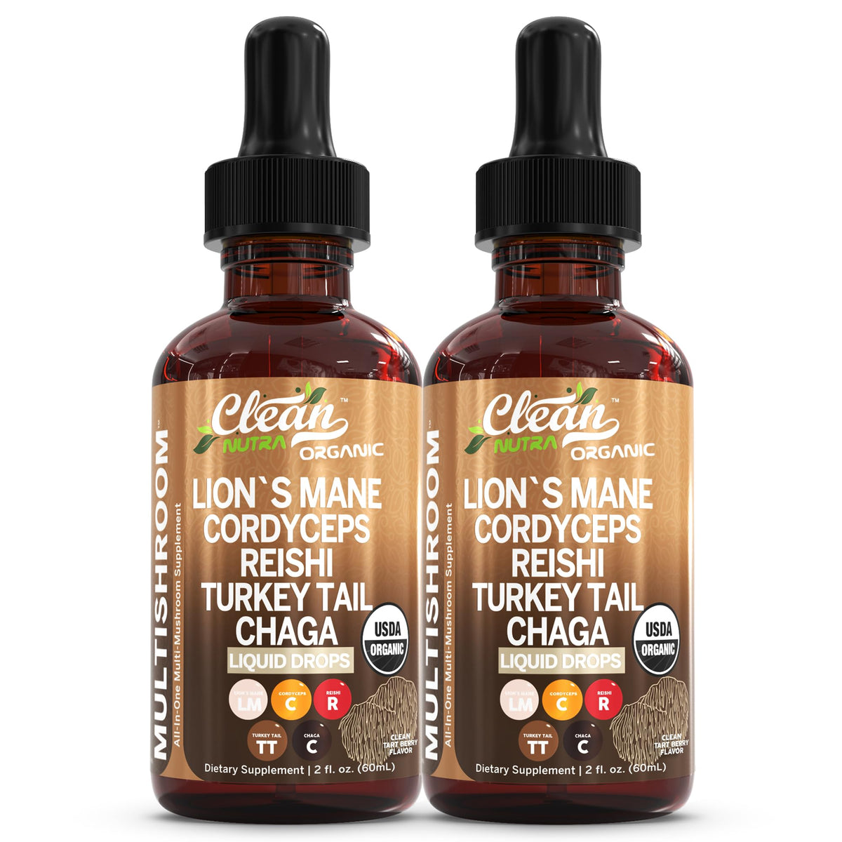 Flacon de 290g de complément alimentaire liquide à base de champignons Clean Nutraceuticals