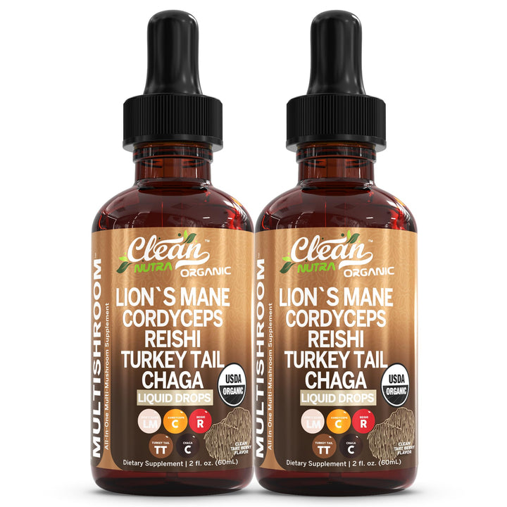 Flacon de 290g de complément alimentaire liquide à base de champignons Clean Nutraceuticals