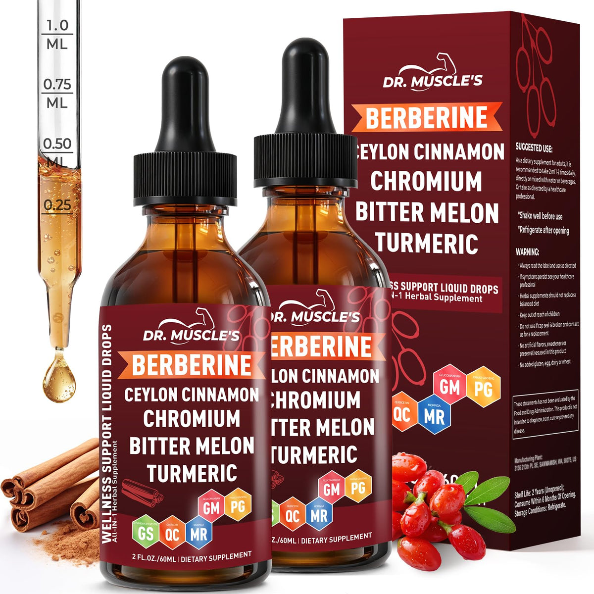 Flacon de 290g de DR. MUSCLE'S Complément Alimentaire Berbérine avec Cannelle de Ceylan