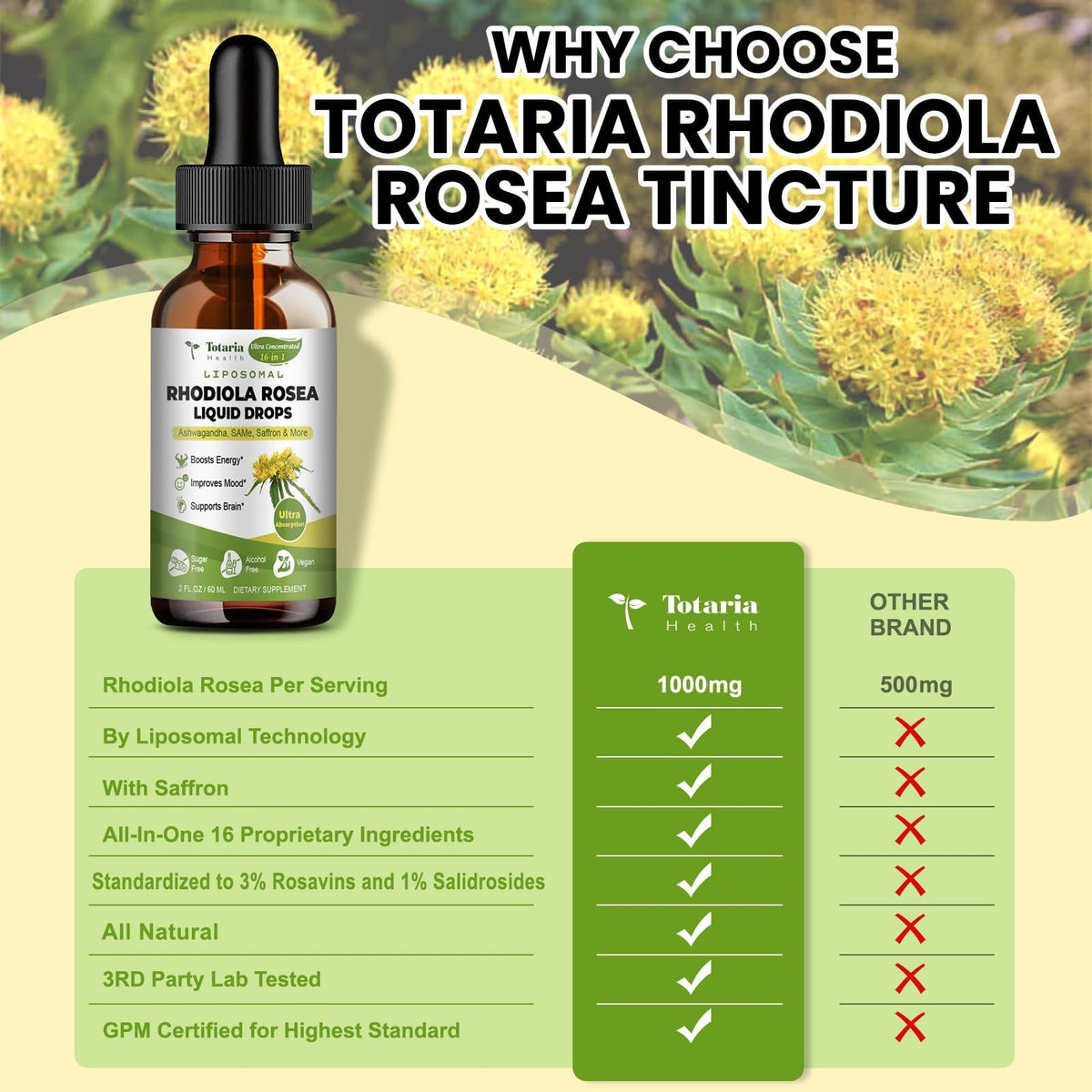 Flacon de 290g de teinture de Rhodiola Rosea Totaria sur fond blanc