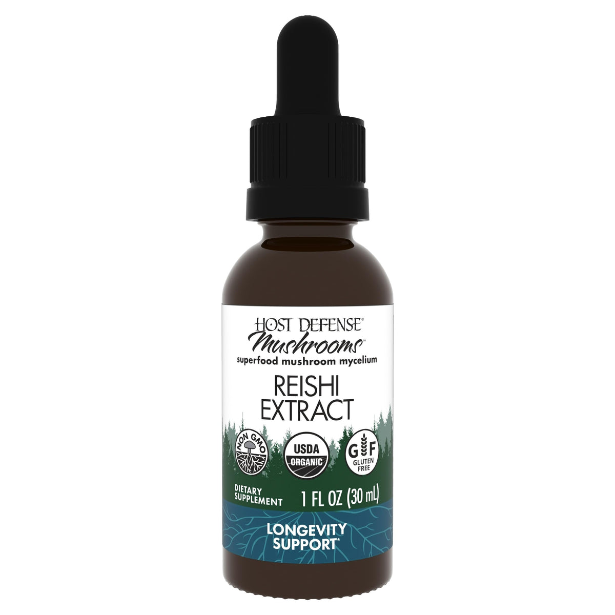 Flacon de 30 ml d'extrait de Reishi Host Defense avec compte-gouttes