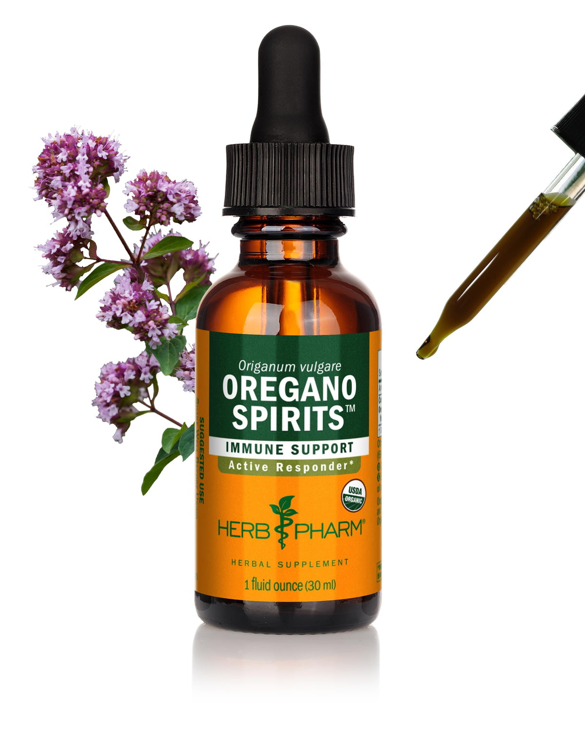 Flacon de 30 ml d'extrait de spirites d'origan Herb Pharm avec étiquette