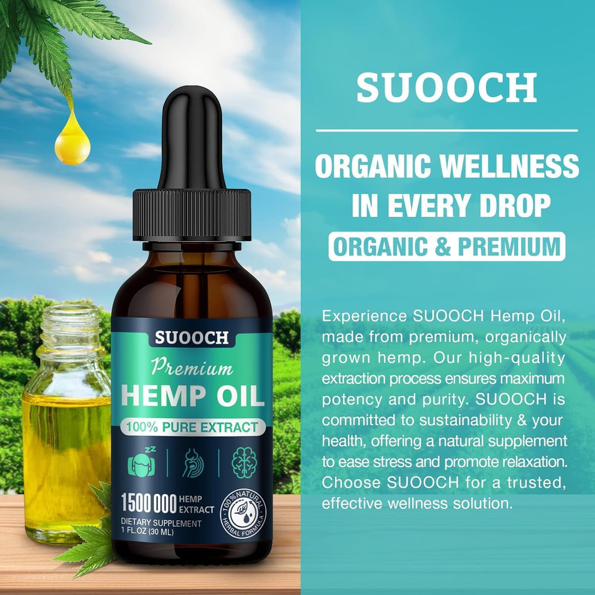 Flacon de 30 ml d'huile de chanvre SUOOCH avec étiquette visible