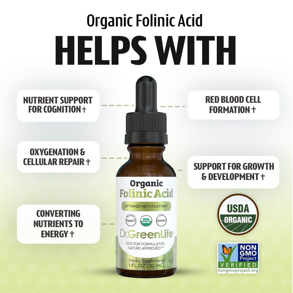 Flacon de 30 ml de Folate Folinique Dr. Green Mom sur une table