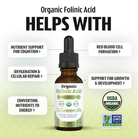 Flacon de 30 ml de Folate Folinique Dr. Green Mom sur une table