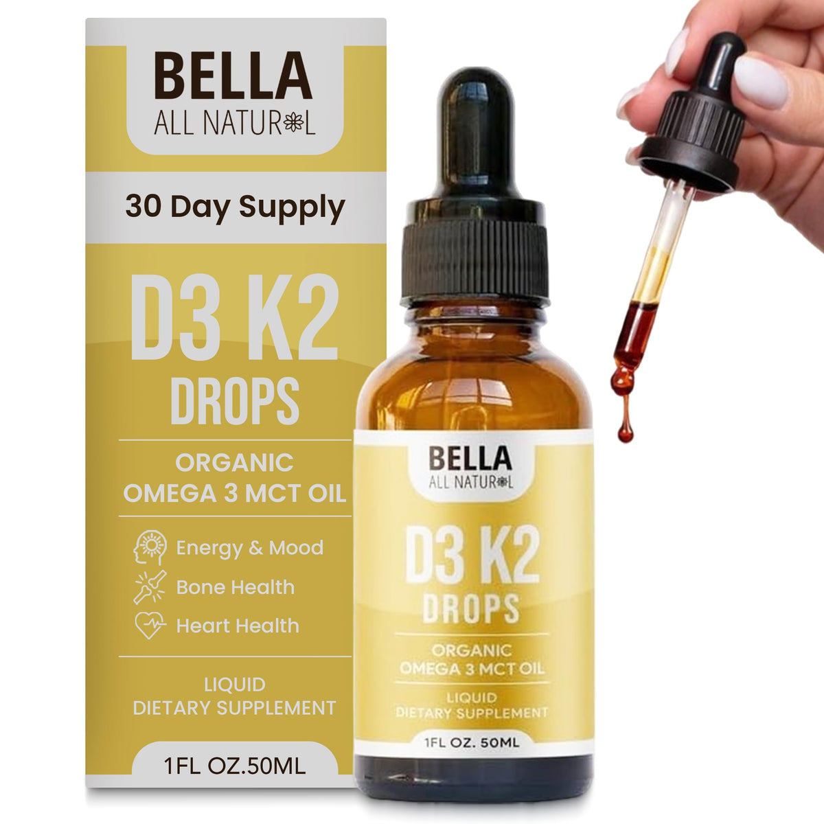 Flacon de 30 ml de gouttes liquides de Vitamine D3 K2 Bella All Natural