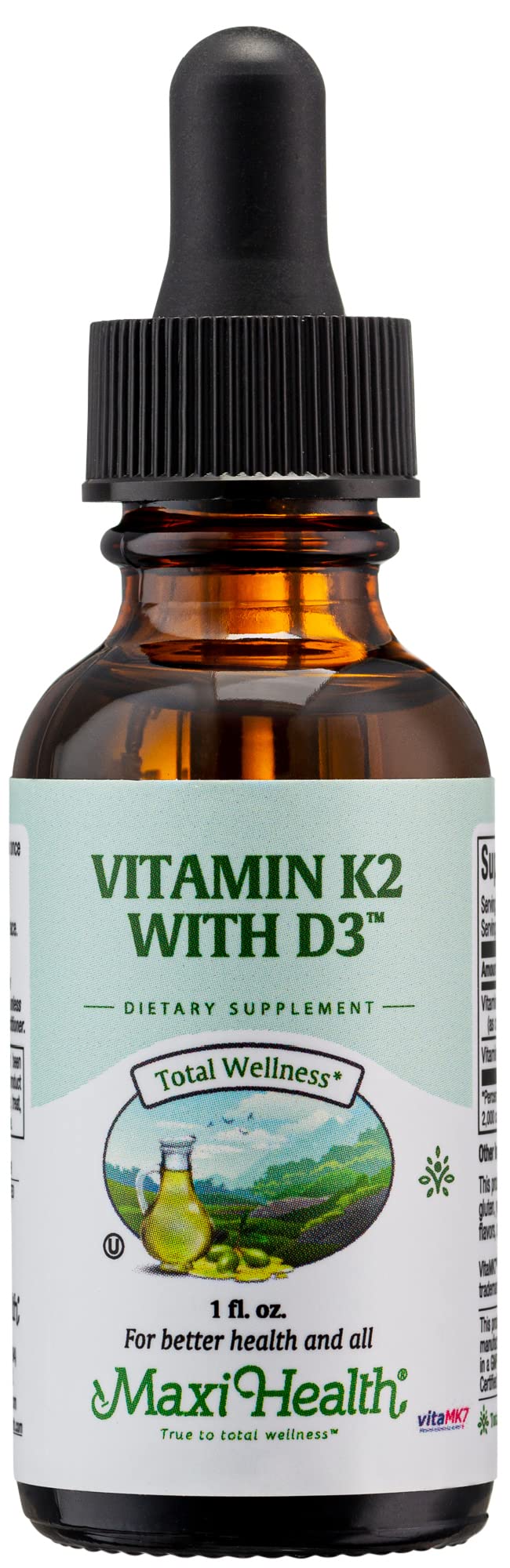Flacon de 30 ml de Maxi Health Vitamine D3 K2 liquide avec étiquette