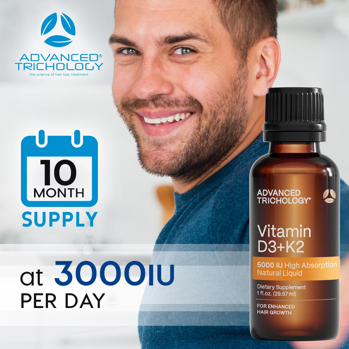 Flacon de 30 ml de Vitamine D3 + K2 Advanced Trichology sur fond blanc