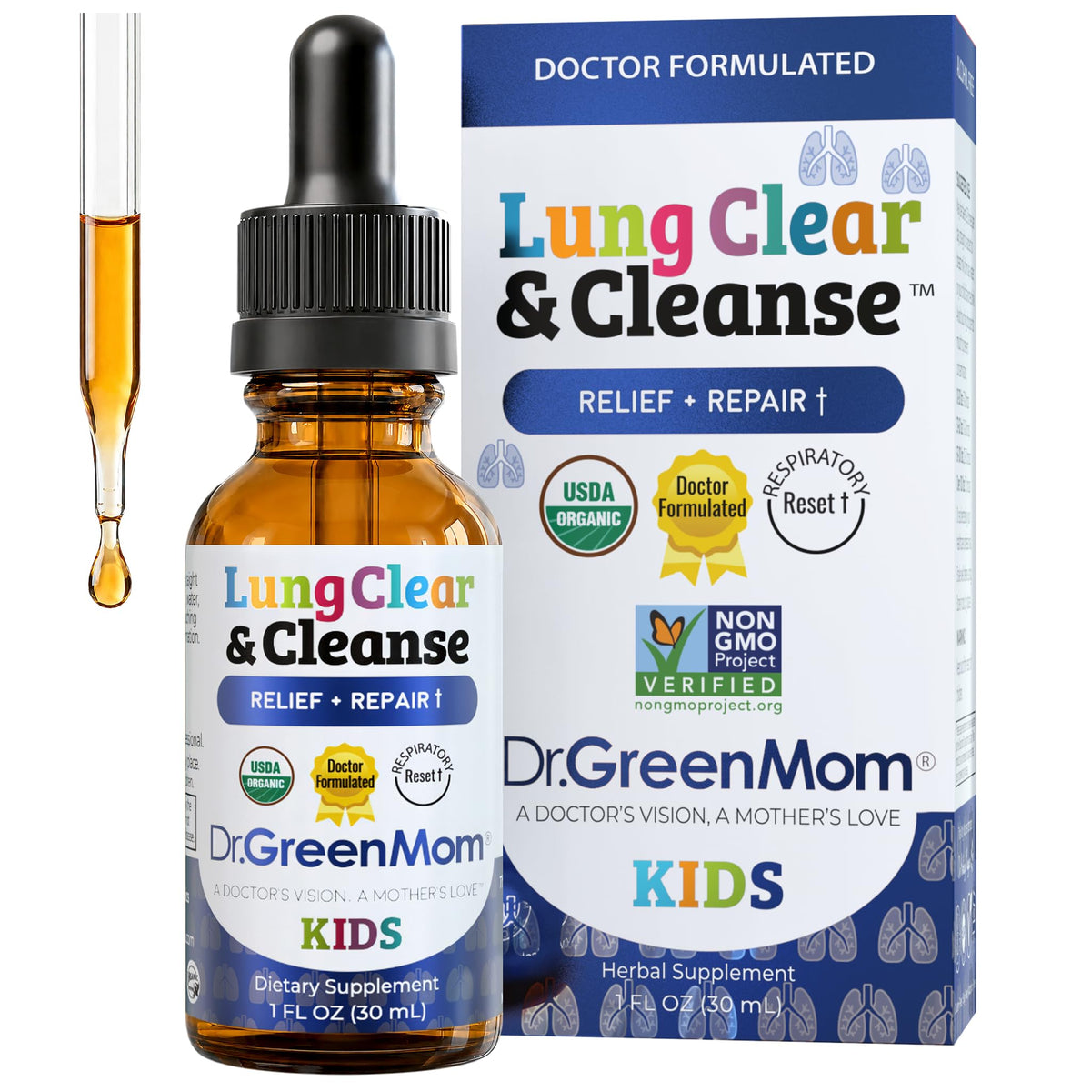 Flacon de 30 ml des Gouttes de Soutien Pulmonaire Dr. Green Mom