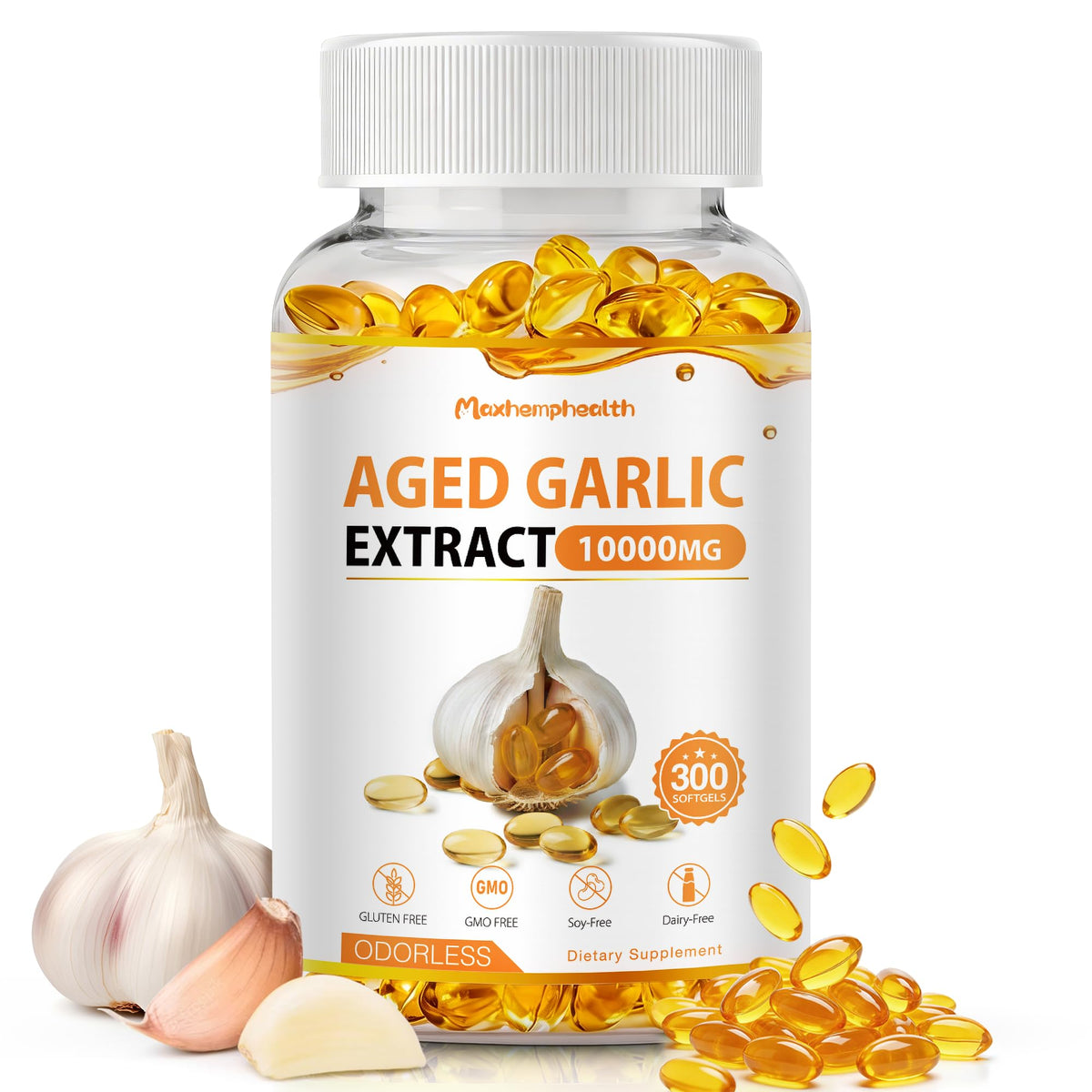 Flacon de 300 gélules d'extrait d'ail vieilli Maxhemphealth, vue de face