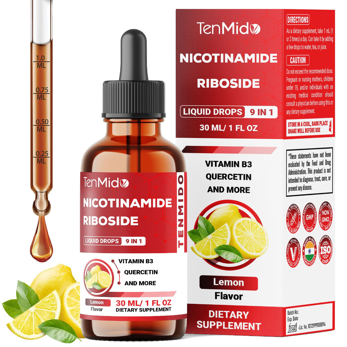 Flacon de 30ml de complément alimentaire liquide NAD+ Tenmido avec étiquette