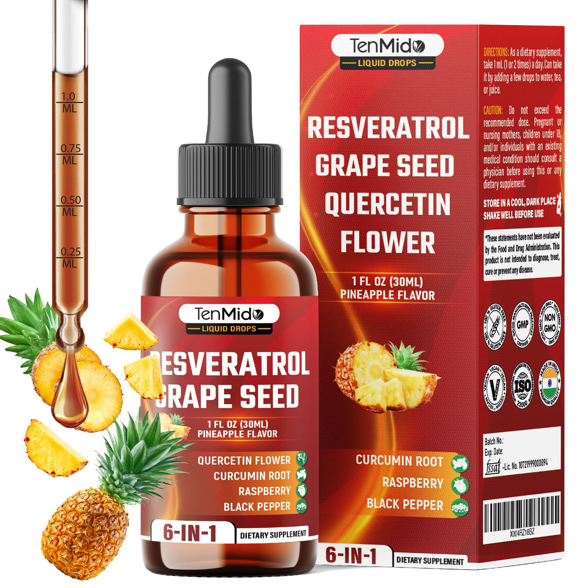 Flacon de 30ml de complément alimentaire Tenmido Résvératrol 6-en-1 vue de devant