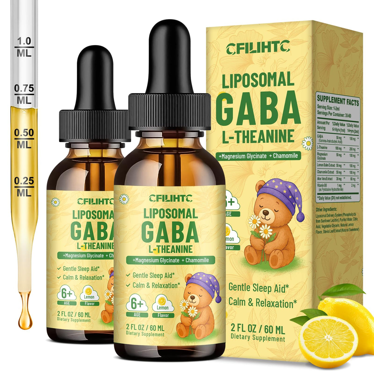 Flacon de 30ml de gouttes liposomales GABA L-Théanine avec étiquette