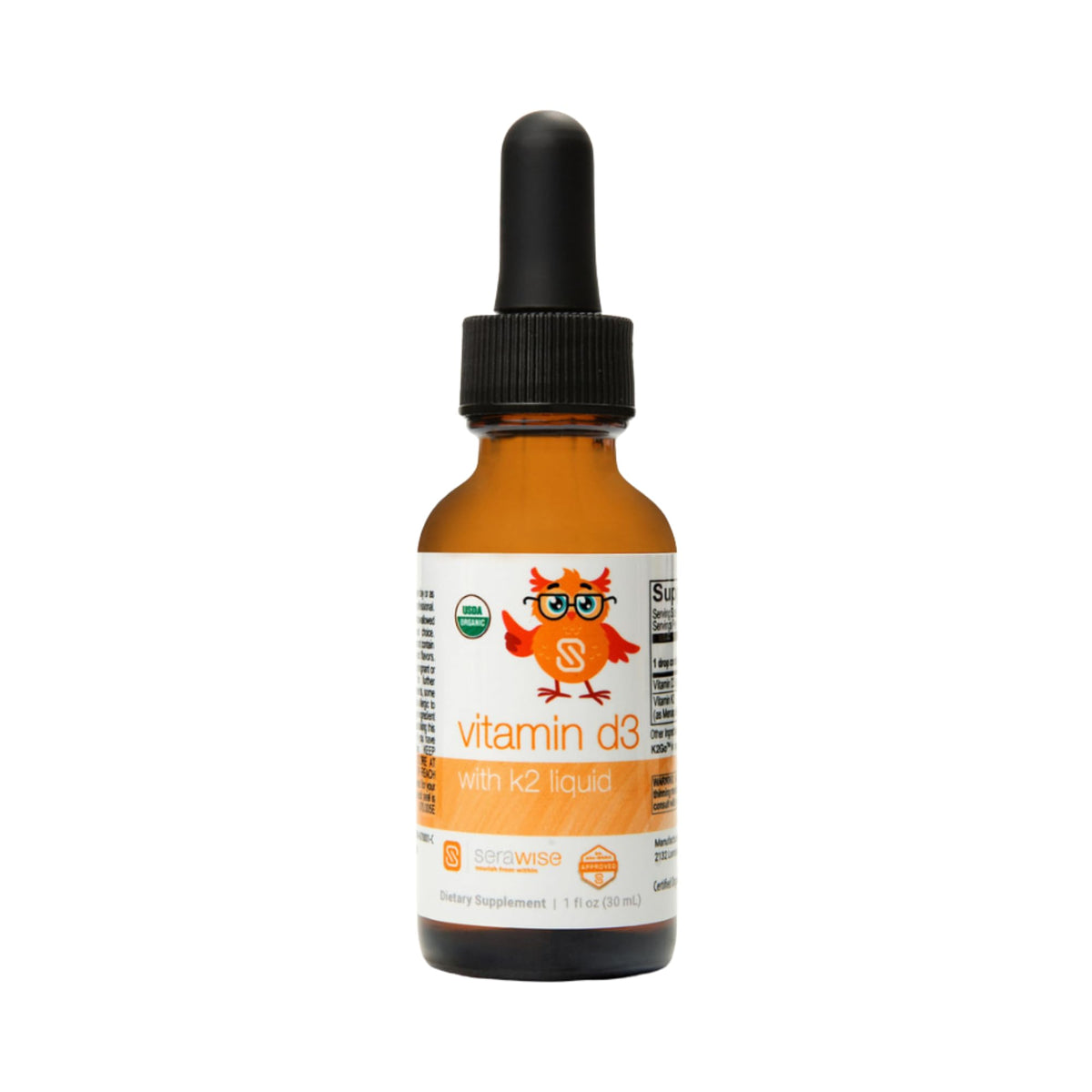 Flacon de 30ml de Vitamine D3 K2 liquide Serawise avec étiquette