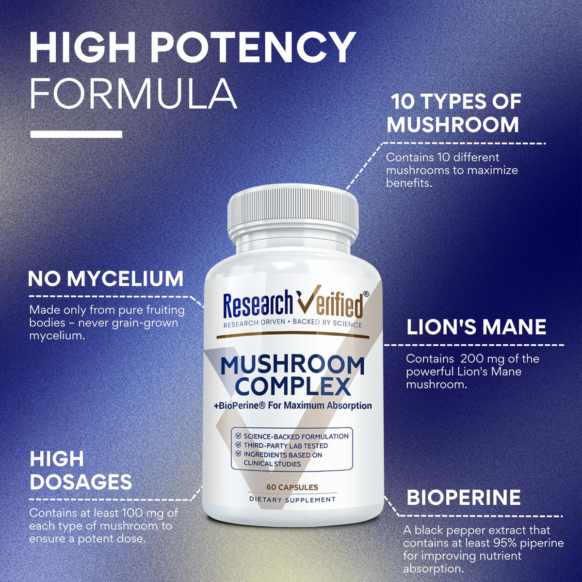 Flacon de 360 capsules vegan de champignons médicinaux