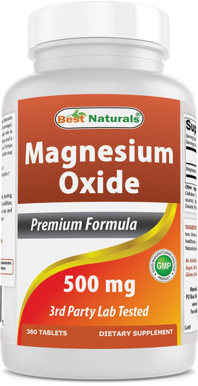 Flacon de 360 comprimés de magnésium 500mg Best Naturals vue de face