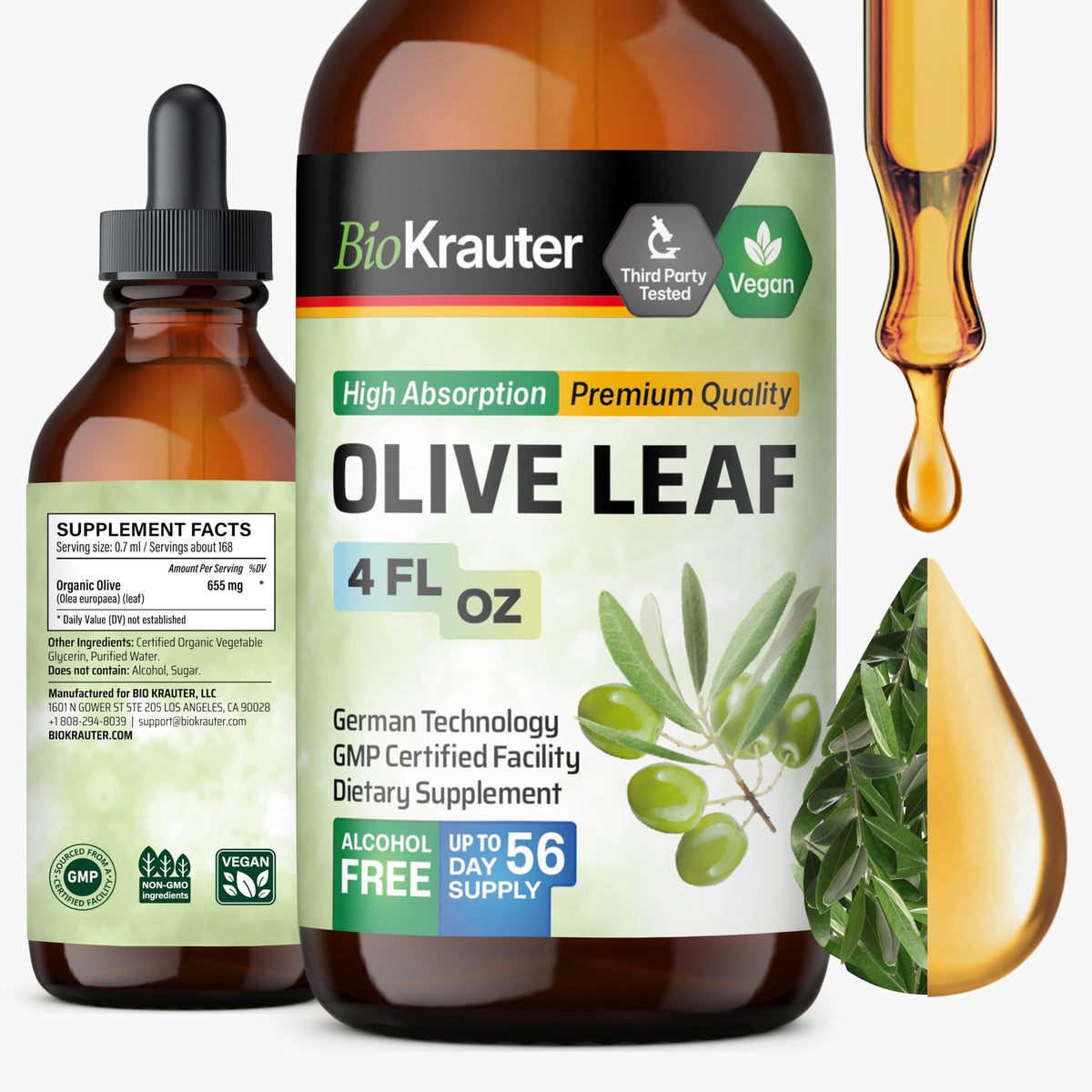 Flacon de 4 fl oz d'extrait de feuille d'olive BIO KRAUTER