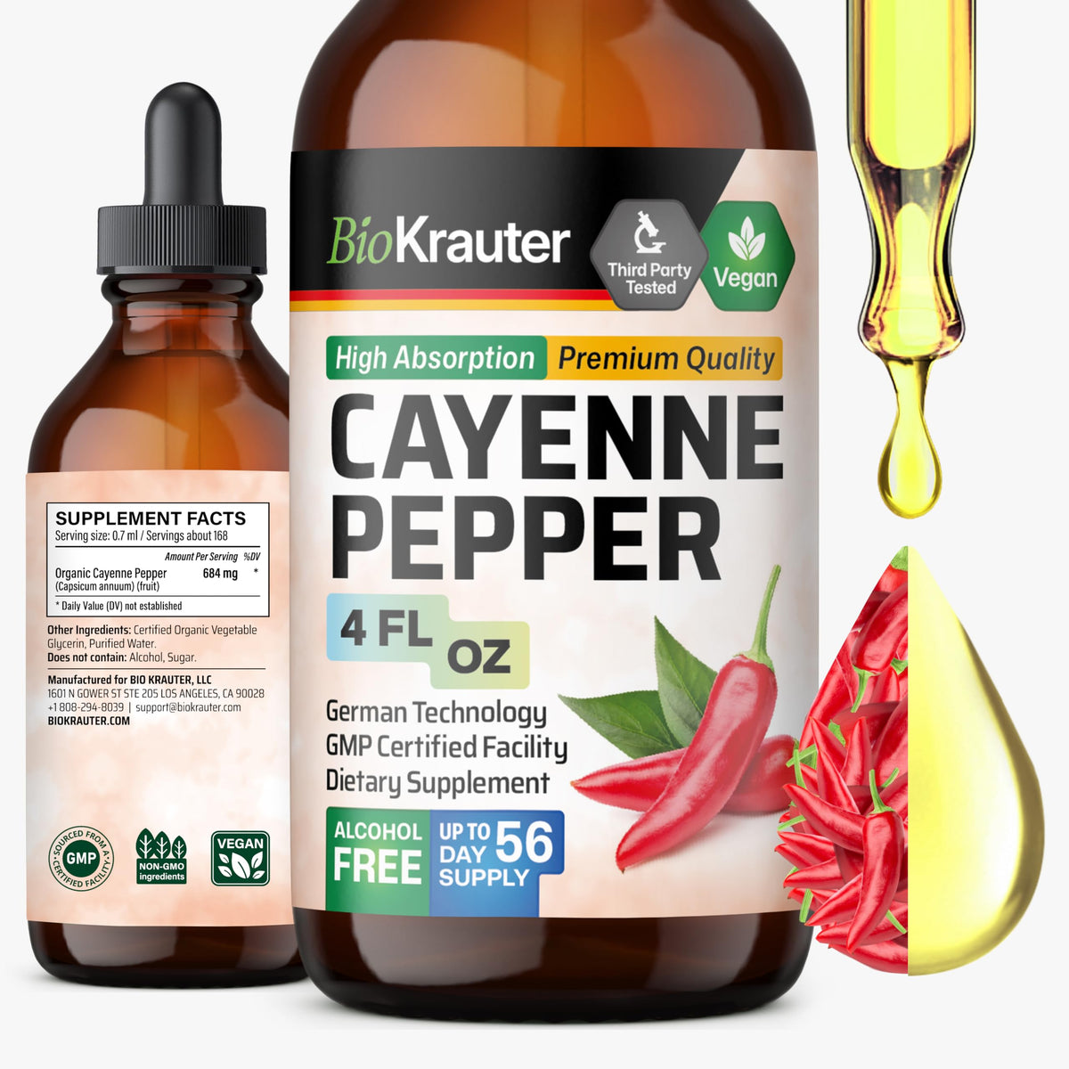 Flacon de 4 fl oz d'extrait de poivre de cayenne BIO KRAUTER