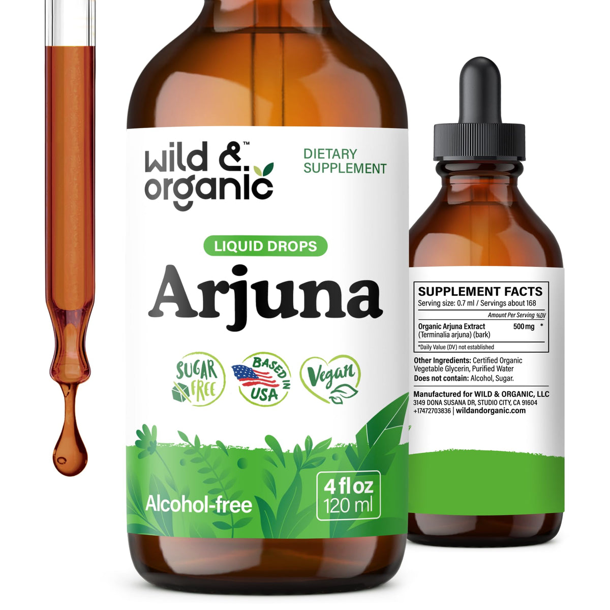Flacon de 4 fl oz d'extrait de racine d'Arjuna Wild & Organic avec étiquette