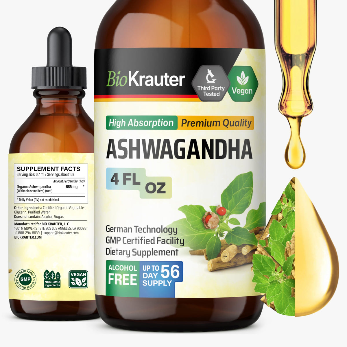 Flacon de 4 fl oz de BIO KRAUTER Ashwagandha avec étiquette