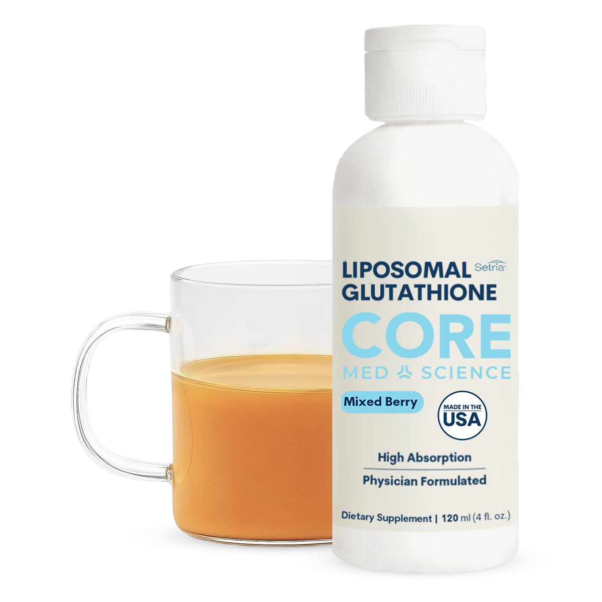 Flacon de 4 fl oz de glutathion liposomal Core Med Science avec étiquette