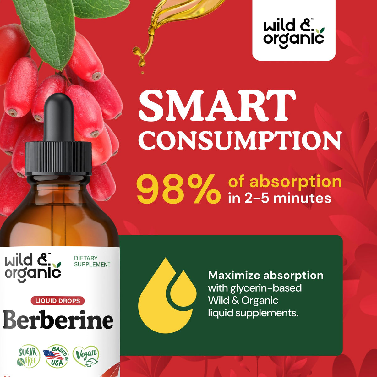 Flacon de 4 fl oz de gouttes de berbérine HCL Wild & Organic sur une table
