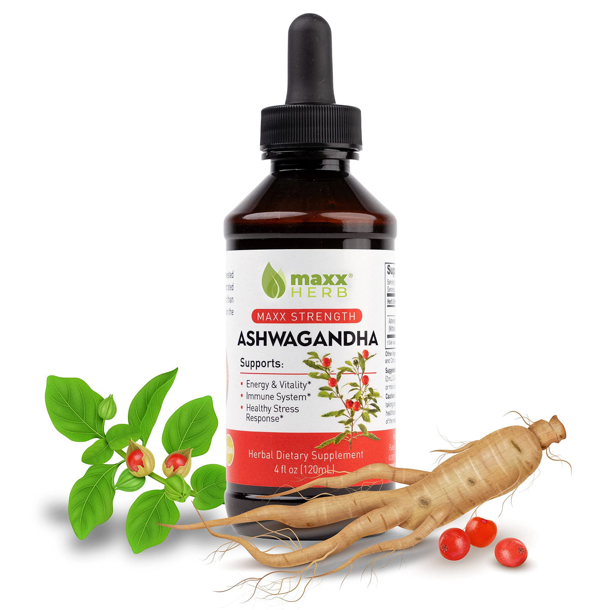 Flacon de 4 Oz d'extrait d'Ashwagandha Maxx Herb vue de face