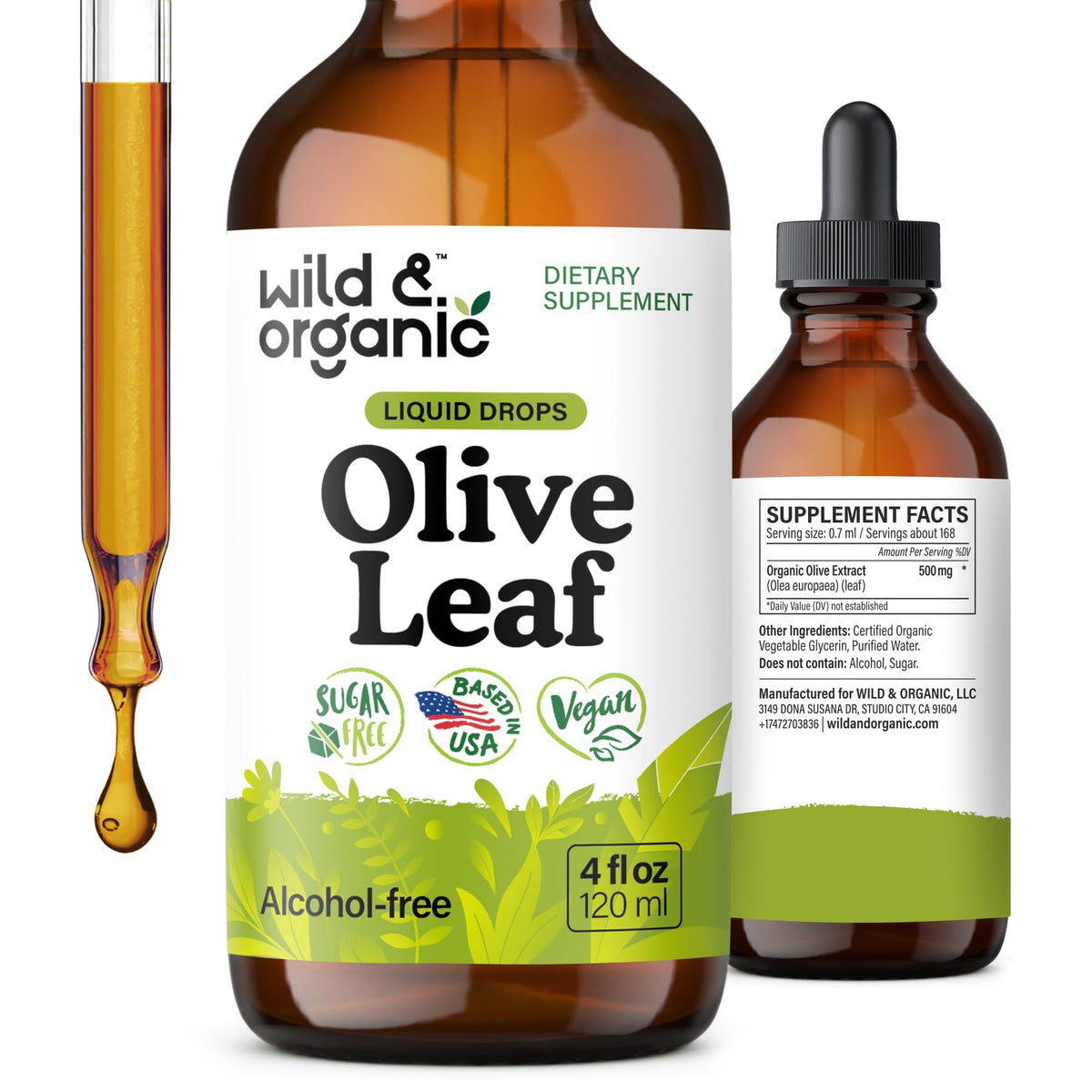 Flacon de 4 oz d'extrait de feuille d'olivier Wild & Organic avec étiquette visible