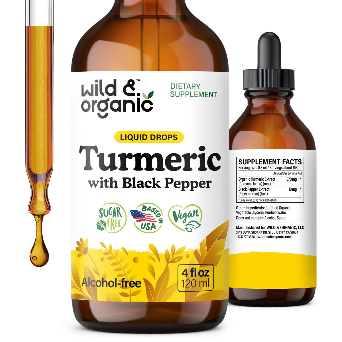 Flacon de 4 oz de complément liquide de curcuma Wild & Organic