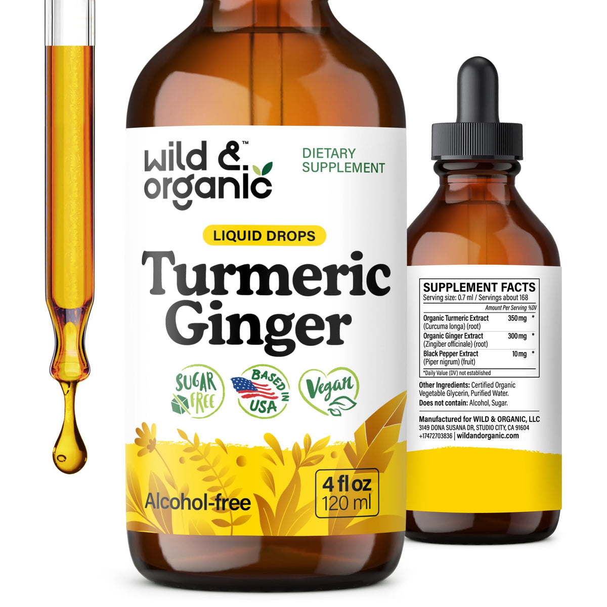 Flacon de 4 oz de complément Wild & Organic au curcuma et gingembre